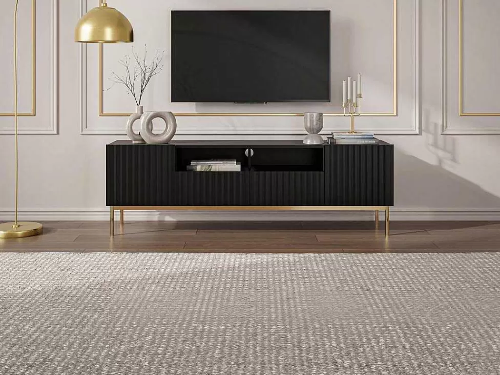 Móvel De Tv*Vente-unique Móvel De Tv Com 2 Portas, 2 Gavetas E 2 Nichos Em Mdf E Aco Preto E Dourado - Evilana