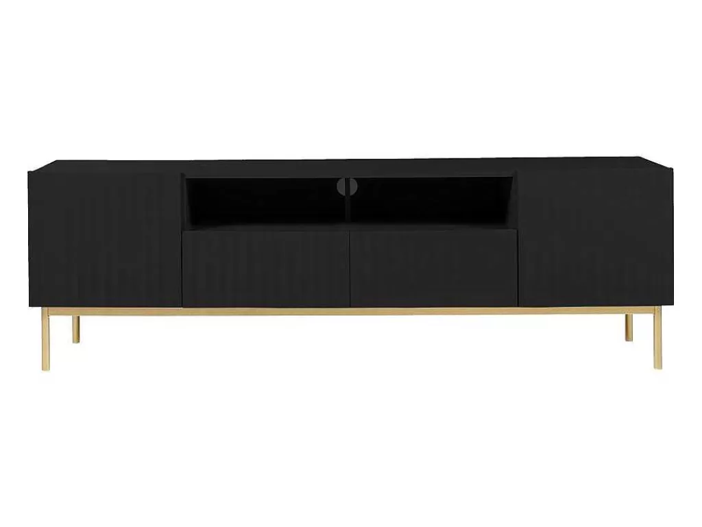 Móvel De Tv*Vente-unique Móvel De Tv Com 2 Portas, 2 Gavetas E 2 Nichos Em Mdf E Aco Preto E Dourado - Evilana
