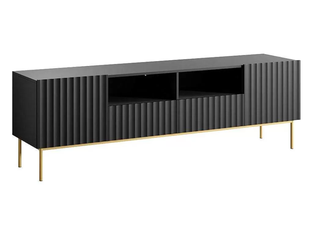 Móvel De Tv*Vente-unique Móvel De Tv Com 2 Portas, 2 Gavetas E 2 Nichos Em Mdf E Aco Preto E Dourado - Evilana