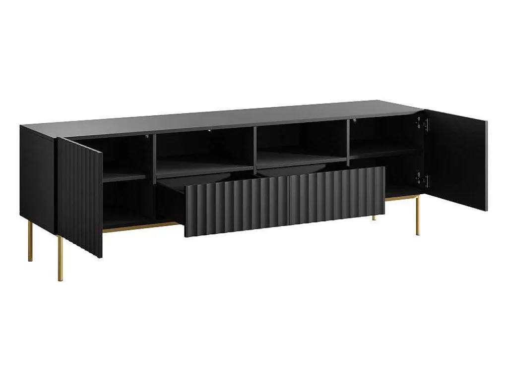 Móvel De Tv*Vente-unique Móvel De Tv Com 2 Portas, 2 Gavetas E 2 Nichos Em Mdf E Aco Preto E Dourado - Evilana