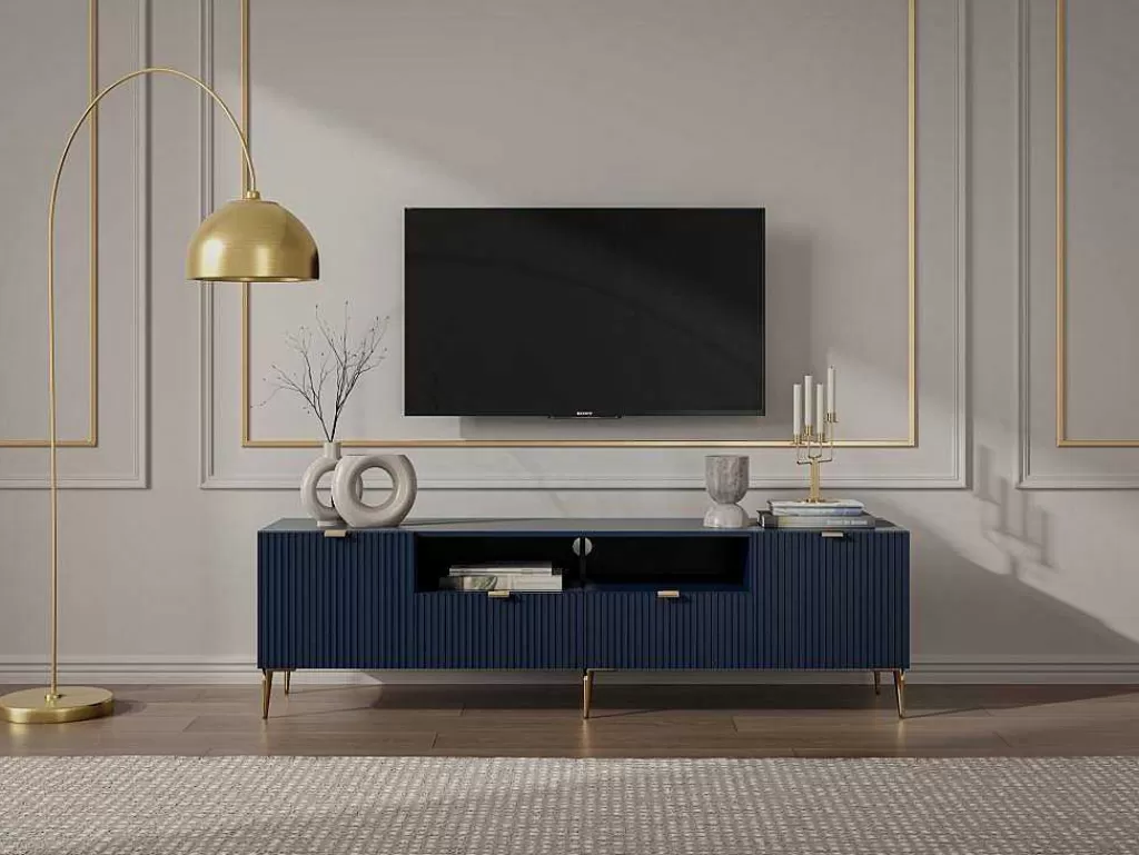 Móvel De Tv*Vente-unique Móvel De Tv Com 2 Portas, 2 Portas E 2 Nichos Em Mdf E Aco, Azul E Durado - Yesinia