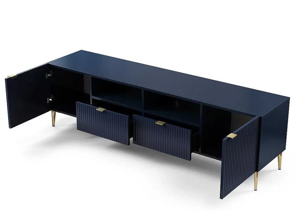 Móvel De Tv*Vente-unique Móvel De Tv Com 2 Portas, 2 Portas E 2 Nichos Em Mdf E Aco, Azul E Durado - Yesinia