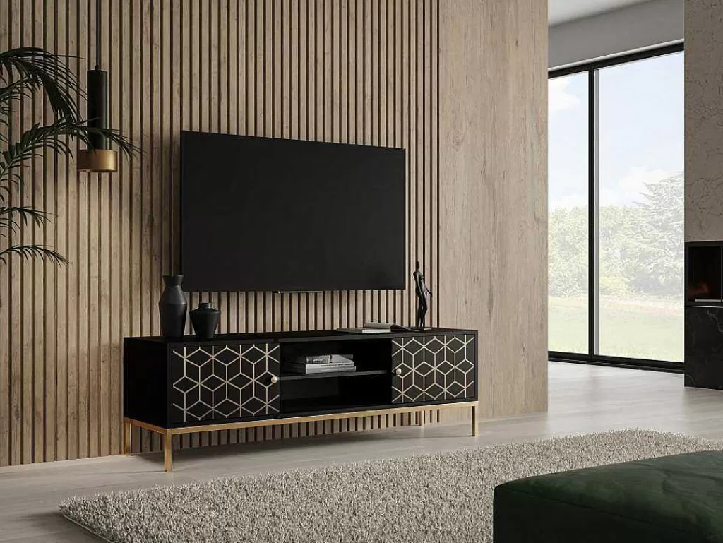Móvel De Tv*Vente-unique Móvel De Tv Com 2 Portas E 1 Prateleira Em Madeira De Mangueira E Metal Preto E Dourado - Analimy