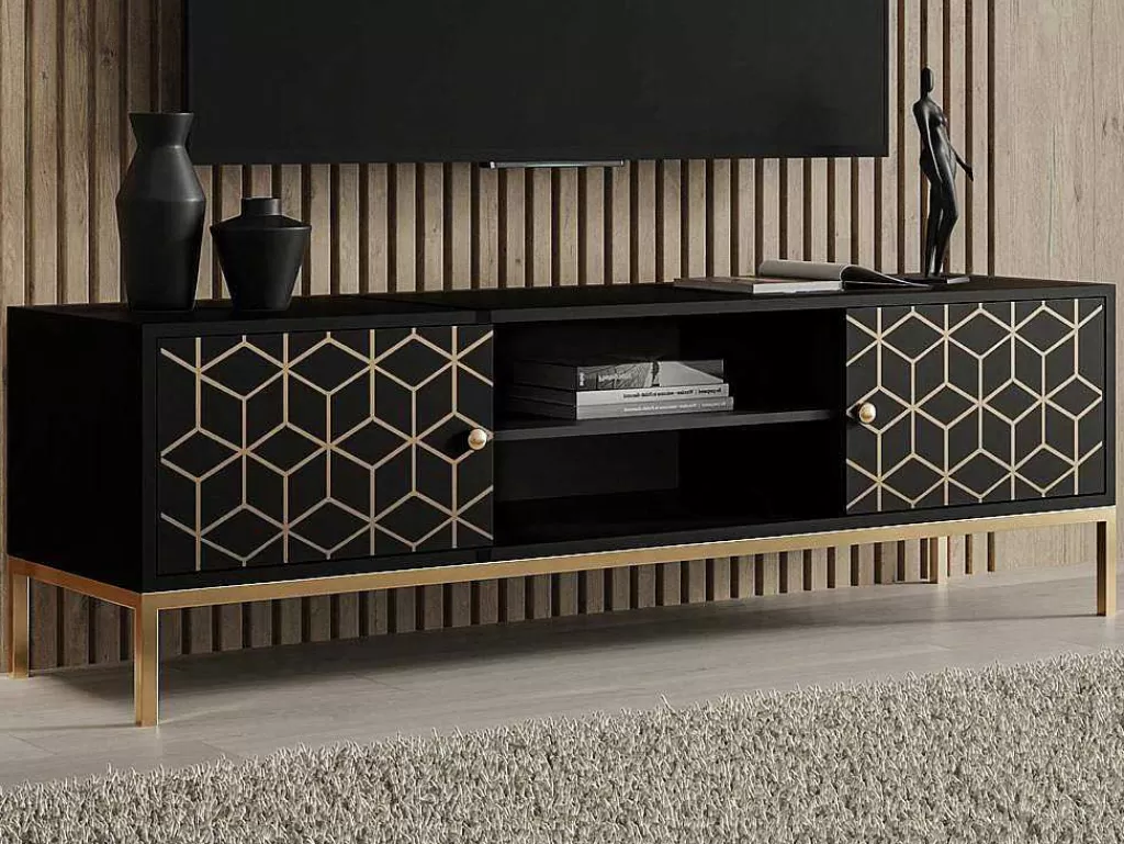 Móvel De Tv*Vente-unique Móvel De Tv Com 2 Portas E 1 Prateleira Em Madeira De Mangueira E Metal Preto E Dourado - Analimy
