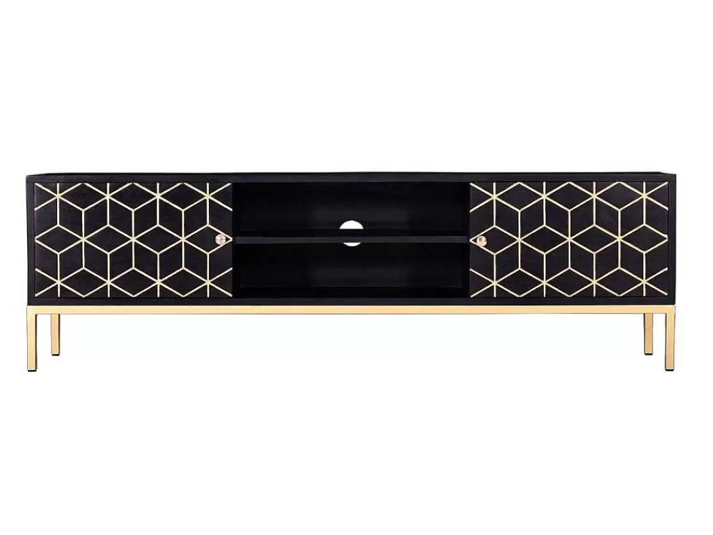 Móvel De Tv*Vente-unique Móvel De Tv Com 2 Portas E 1 Prateleira Em Madeira De Mangueira E Metal Preto E Dourado - Analimy