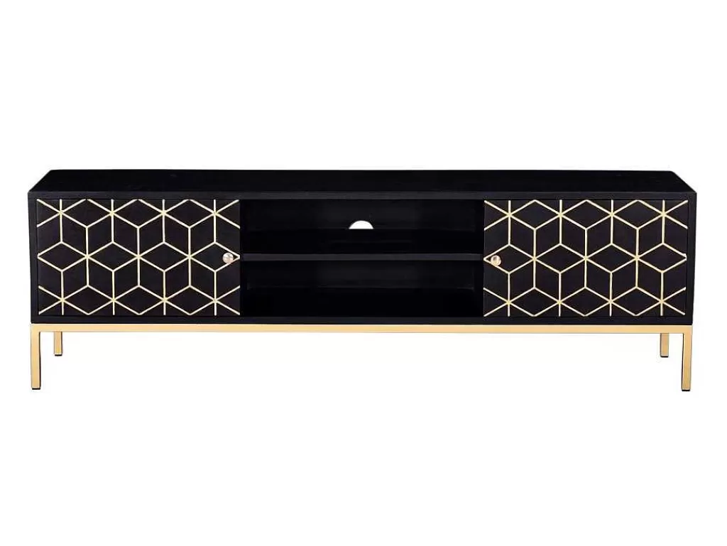 Móvel De Tv*Vente-unique Móvel De Tv Com 2 Portas E 1 Prateleira Em Madeira De Mangueira E Metal Preto E Dourado - Analimy