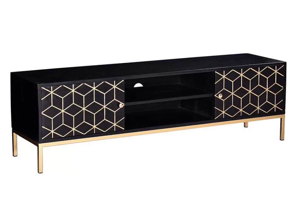 Móvel De Tv*Vente-unique Móvel De Tv Com 2 Portas E 1 Prateleira Em Madeira De Mangueira E Metal Preto E Dourado - Analimy