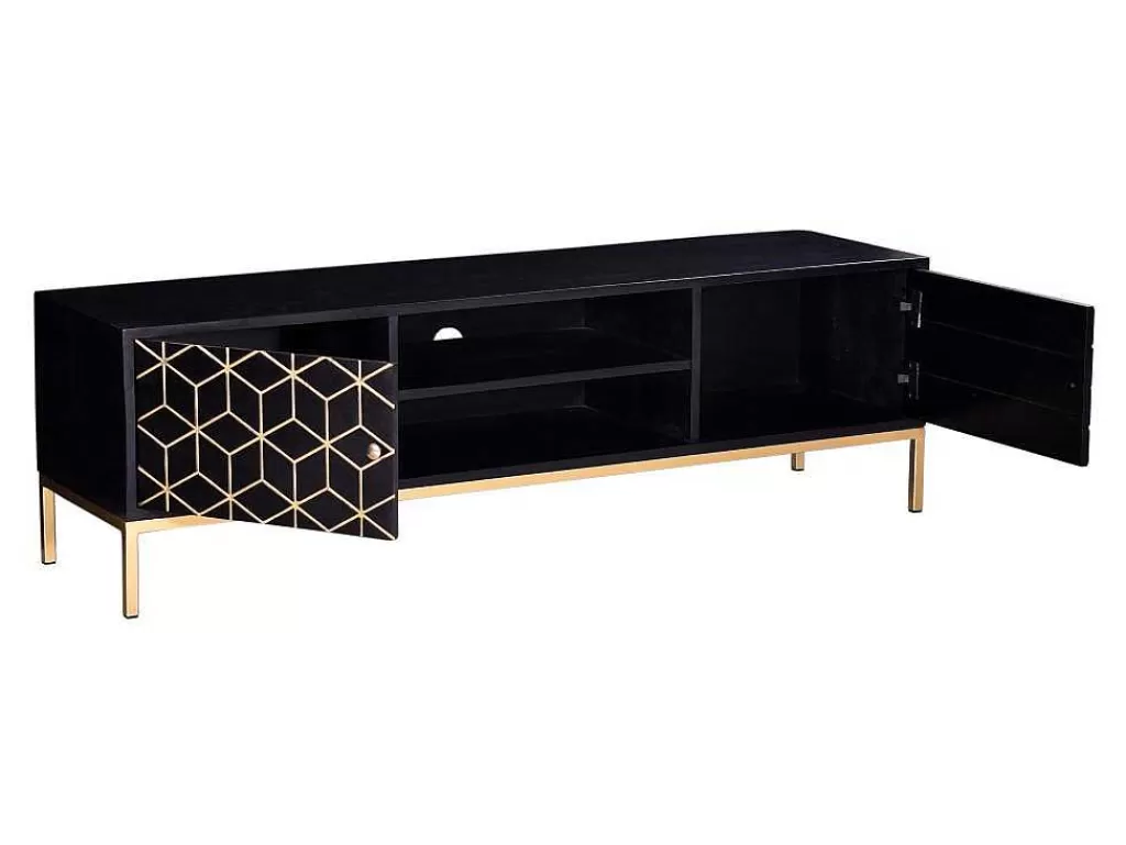 Móvel De Tv*Vente-unique Móvel De Tv Com 2 Portas E 1 Prateleira Em Madeira De Mangueira E Metal Preto E Dourado - Analimy
