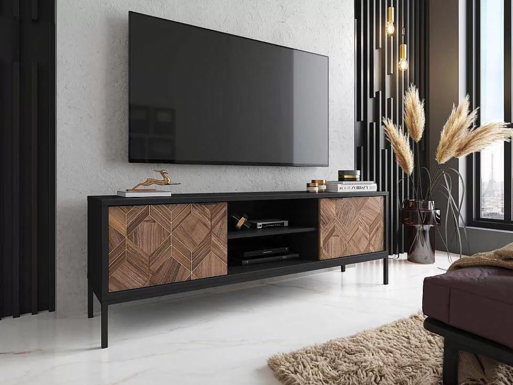 Móvel De Tv*Vente-unique Móvel De Tv Com 2 Portas E 2 Nichos Preto E Natural Escuro - Mialine