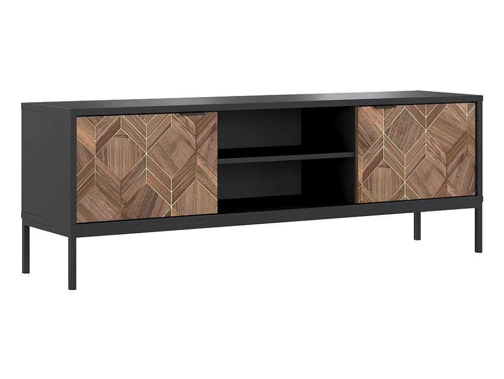 Móvel De Tv*Vente-unique Móvel De Tv Com 2 Portas E 2 Nichos Preto E Natural Escuro - Mialine