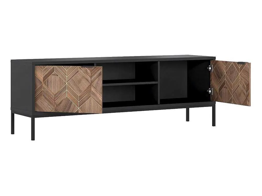 Móvel De Tv*Vente-unique Móvel De Tv Com 2 Portas E 2 Nichos Preto E Natural Escuro - Mialine