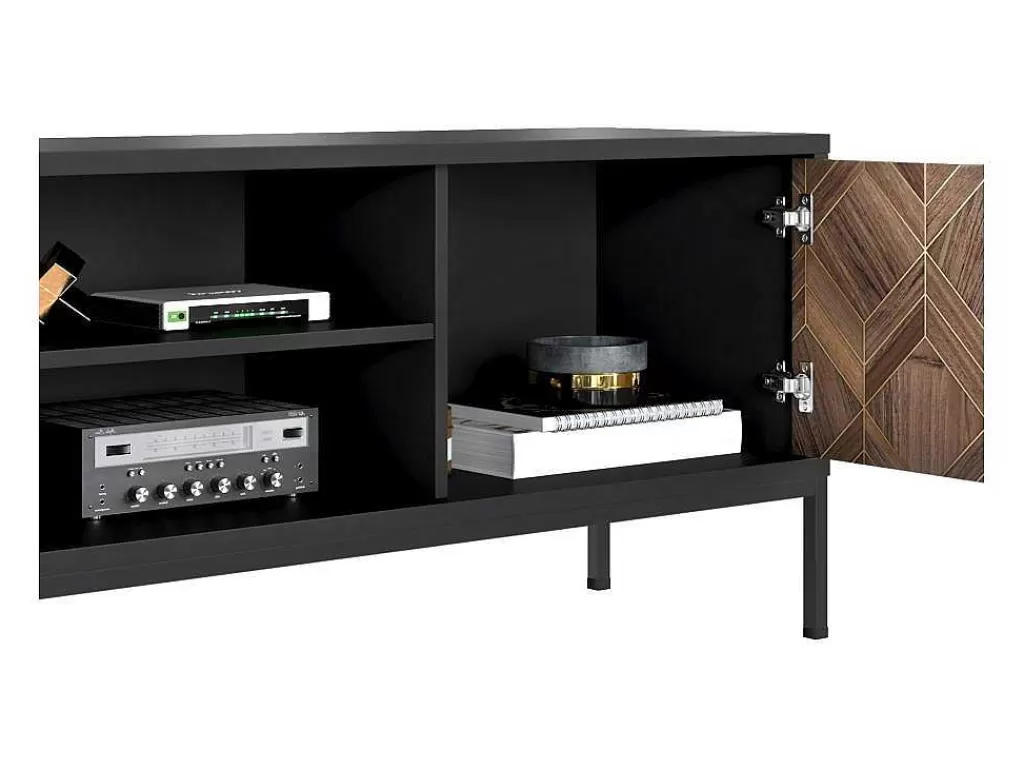 Móvel De Tv*Vente-unique Móvel De Tv Com 2 Portas E 2 Nichos Preto E Natural Escuro - Mialine