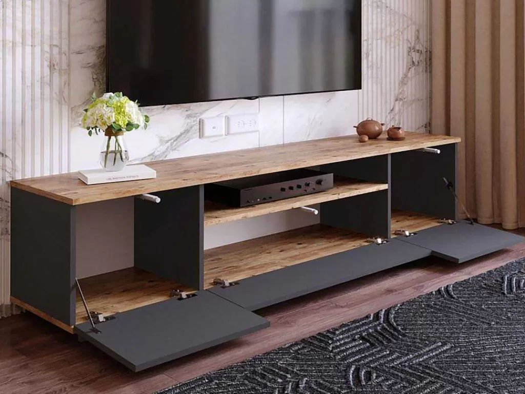 Móvel De Tv*Vente-unique Móvel De Tv Com 3 Portas E 1 Nicho Antracite E Natural - Lotula