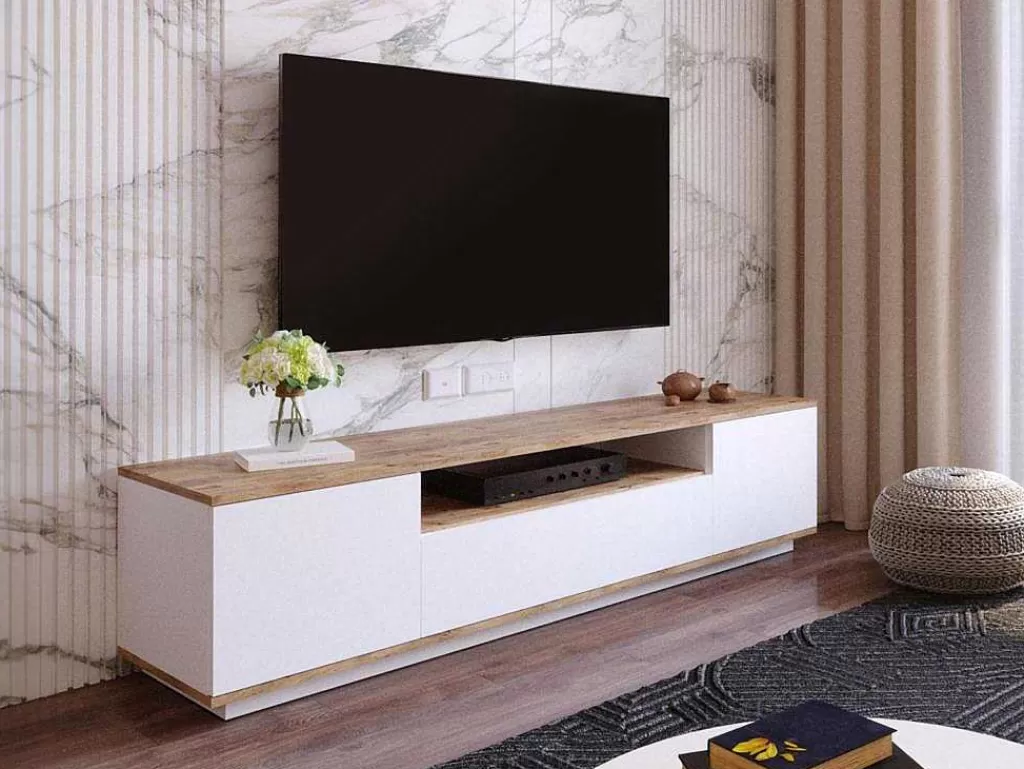 Móvel De Tv*Vente-unique Móvel De Tv Com 3 Portas E 1 Nicho Branco E Natural - Lotula