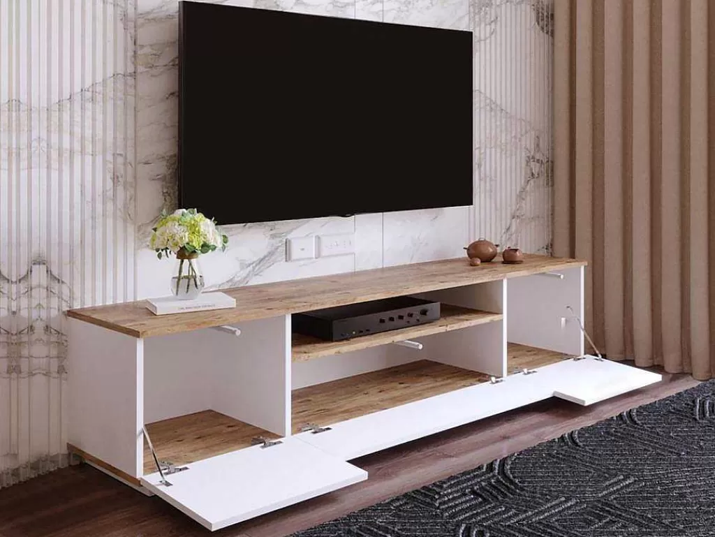 Móvel De Tv*Vente-unique Móvel De Tv Com 3 Portas E 1 Nicho Branco E Natural - Lotula