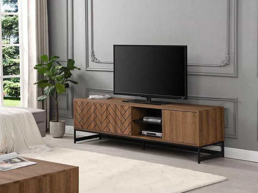 Móvel De Tv*Vente-unique Móvel De Tv Com 3 Portas E 2 Nichos Em Mdf Cor Natural E Preto - Caratana