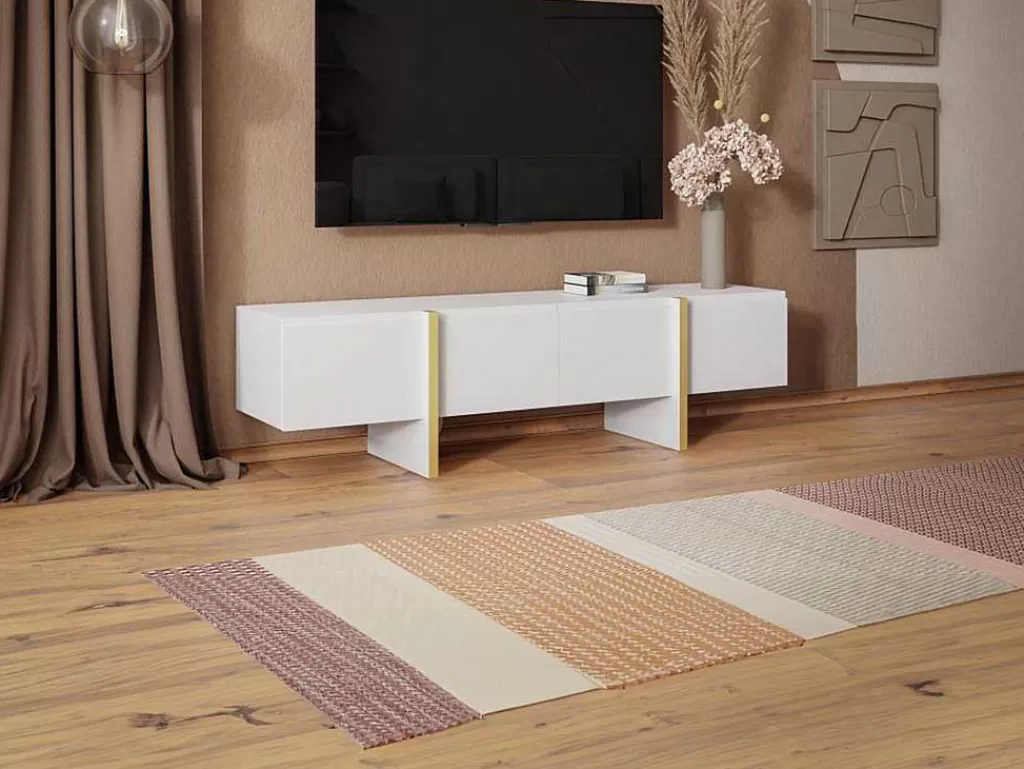 Móvel De Tv*Vente-unique Móvel De Tv Com 4 Portas Em Mdf Branco E Dourado - Luvonia