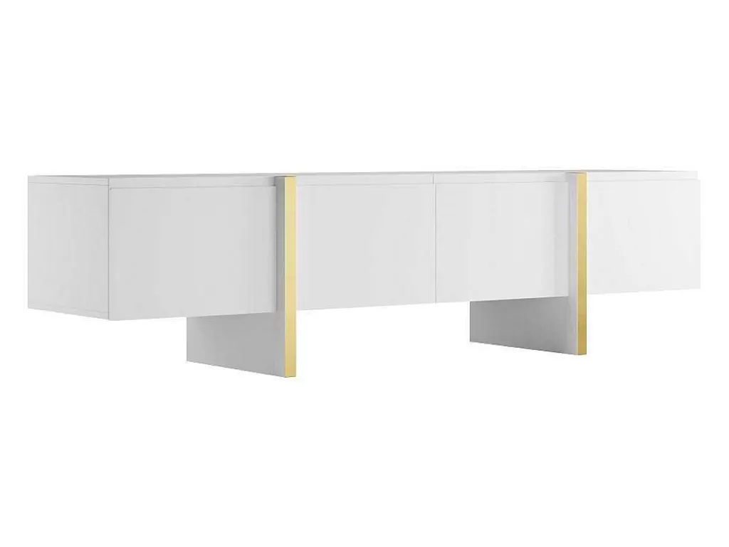 Móvel De Tv*Vente-unique Móvel De Tv Com 4 Portas Em Mdf Branco E Dourado - Luvonia
