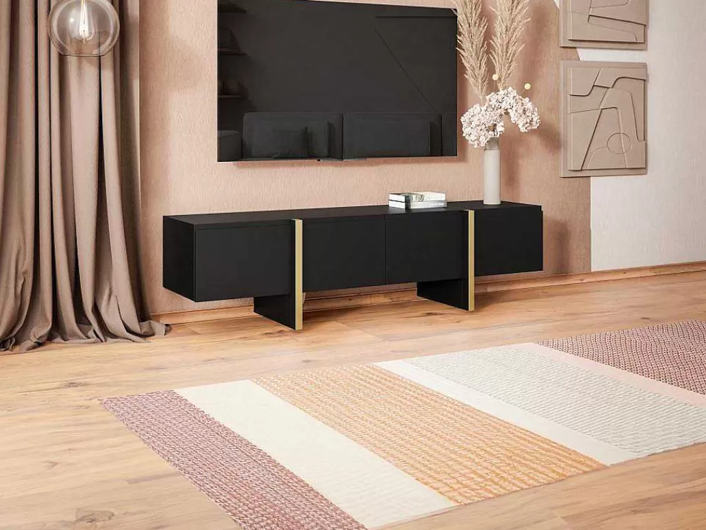 Móvel De Tv*Vente-unique Móvel De Tv Com 4 Portas Em Mdf Preto E Dourado - Luvonia
