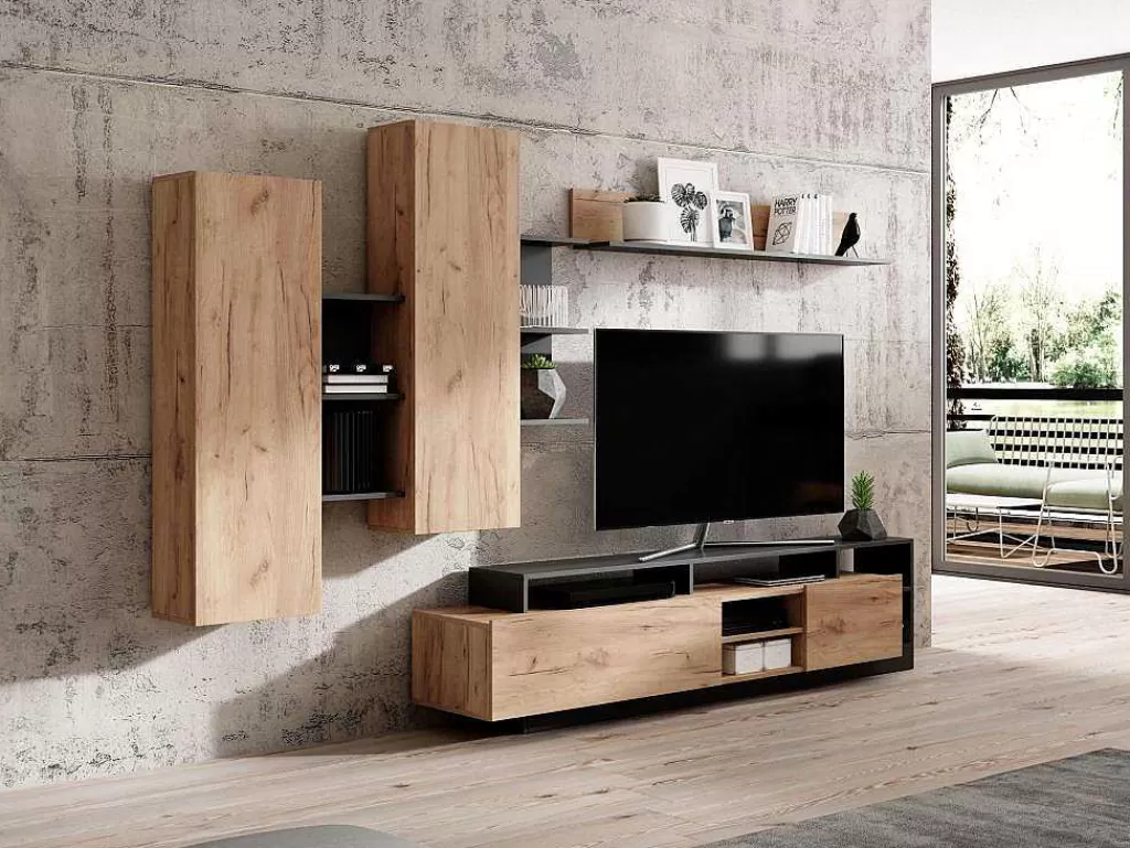 Móvel De Tv*Vente-unique Móvel De Tv Com Espacos De Arrumação Cor Natural E Antracite - Idesia