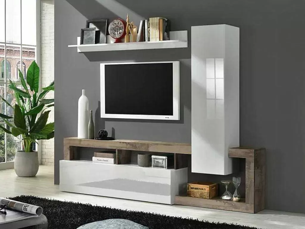 Móvel De Tv*Vente-unique Móvel De Tv Com Espacos De Arrumação Lacado A Branco E Carvalho - Sefro