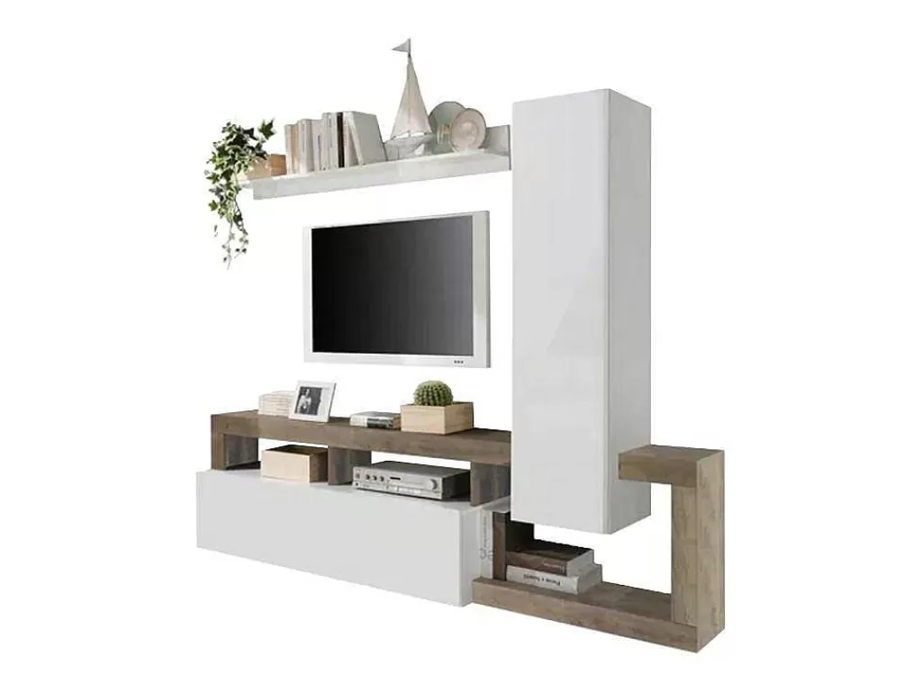 Móvel De Tv*Vente-unique Móvel De Tv Com Espacos De Arrumação Lacado A Branco E Carvalho - Sefro