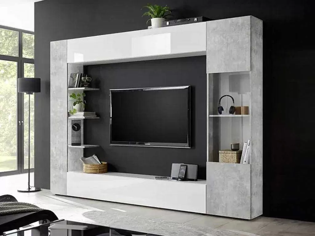 Móvel De Tv*Vente-unique Móvel De Tv Lacado A Branco E Cinza Cimento Com Espacos De Arrumação - Sirius