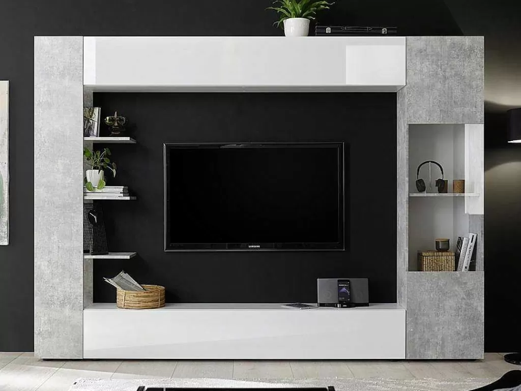 Móvel De Tv*Vente-unique Móvel De Tv Lacado A Branco E Cinza Cimento Com Espacos De Arrumação - Sirius