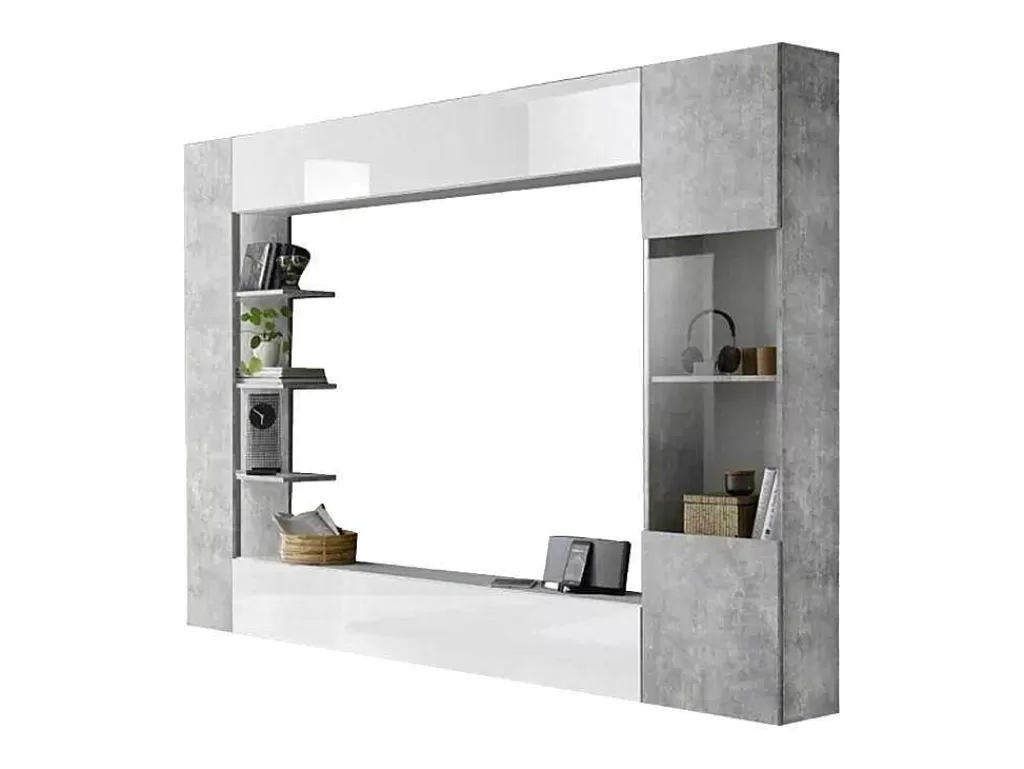 Móvel De Tv*Vente-unique Móvel De Tv Lacado A Branco E Cinza Cimento Com Espacos De Arrumação - Sirius
