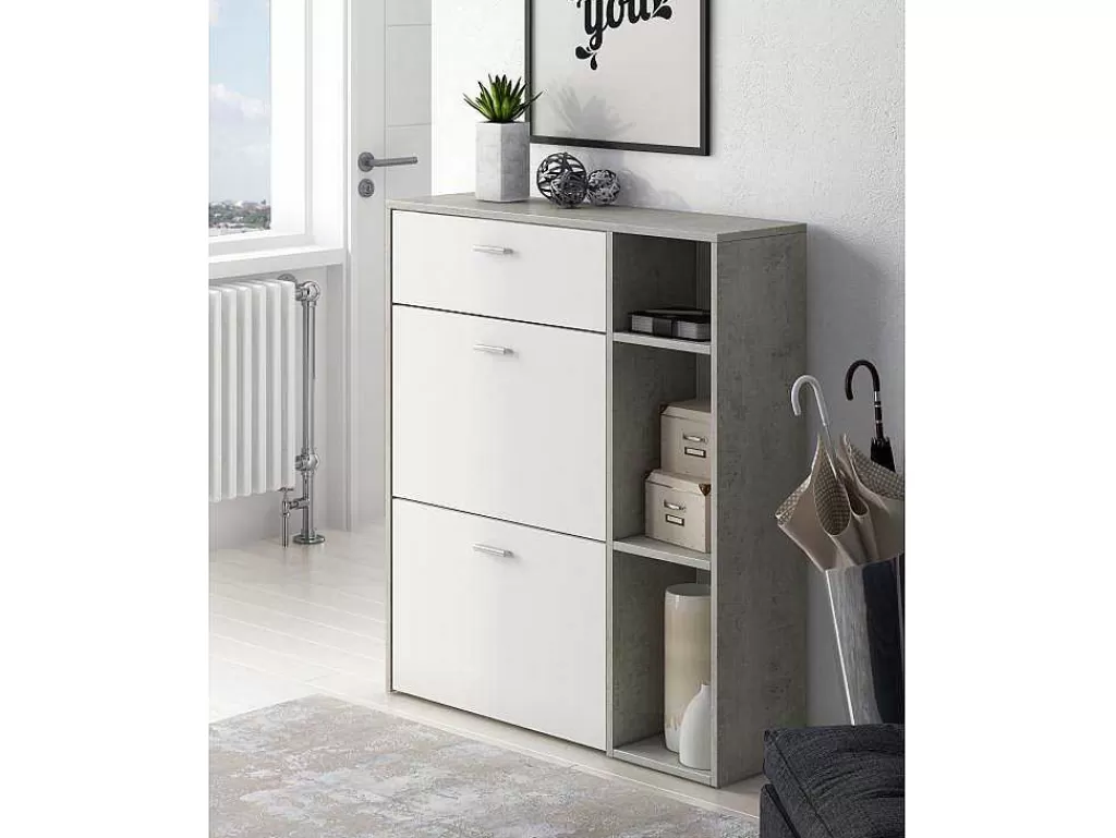Sapateira*Skraut Home Móvel Sapateiro Estrutura Cor Cemento, Branco Mate Nas 2 Portas Basculantes E Na Gaveta
