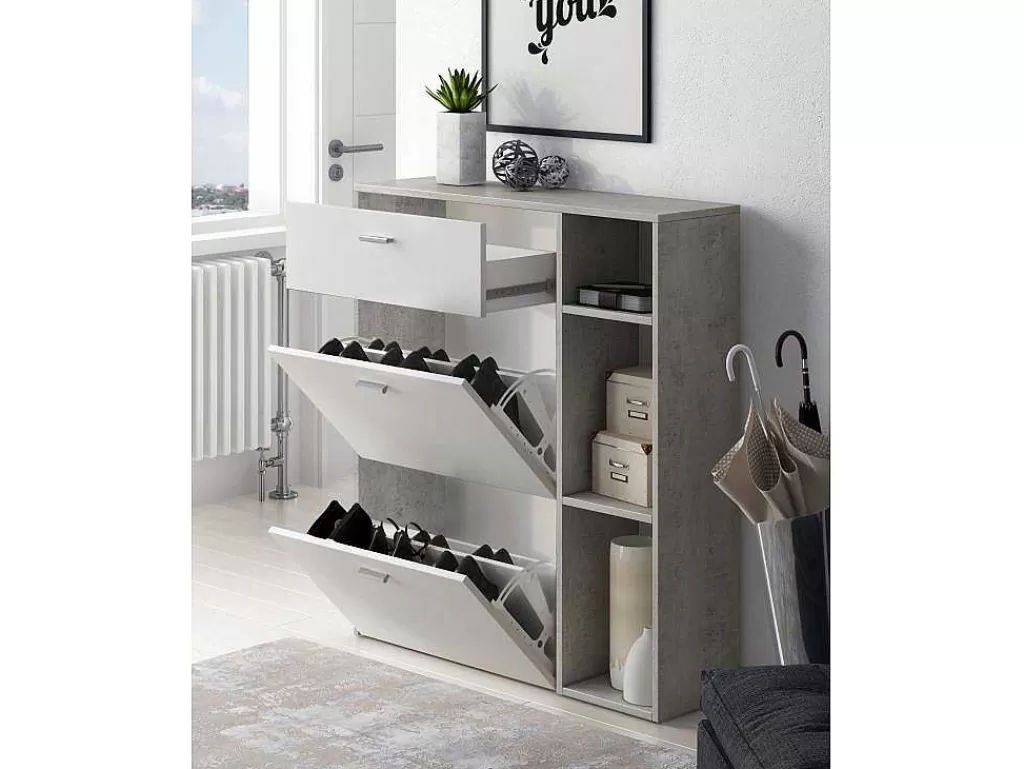 Sapateira*Skraut Home Móvel Sapateiro Estrutura Cor Cemento, Branco Mate Nas 2 Portas Basculantes E Na Gaveta