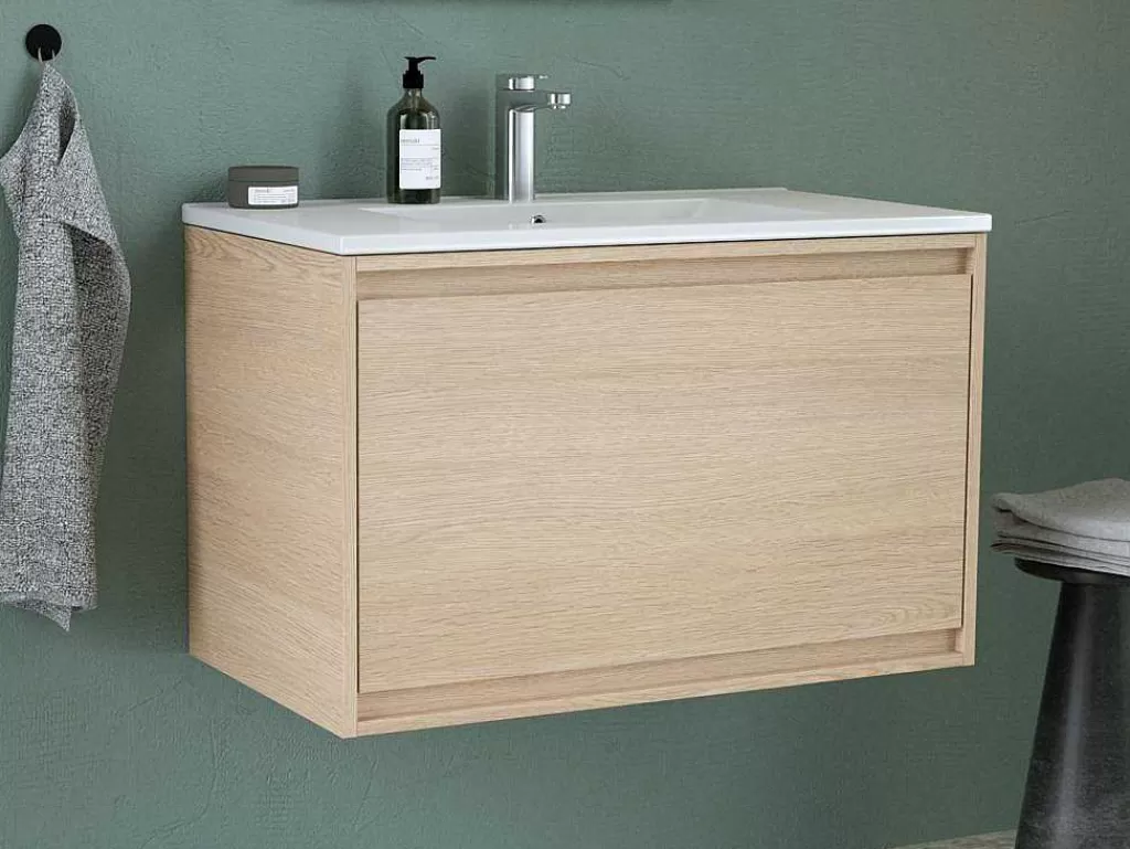 Móvel Lavatório Individual*Vente-unique Móvel Suspenso De Casa De Banho Com Lavatório De Encastrar, Folha De Carvalho, 80 Cm - Mesliva