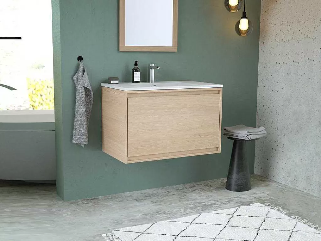 Móvel Lavatório Individual*Vente-unique Móvel Suspenso De Casa De Banho Com Lavatório De Encastrar, Folha De Carvalho, 80 Cm - Mesliva