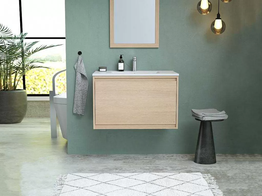 Móvel Lavatório Individual*Vente-unique Móvel Suspenso De Casa De Banho Com Lavatório De Encastrar, Folha De Carvalho, 80 Cm - Mesliva