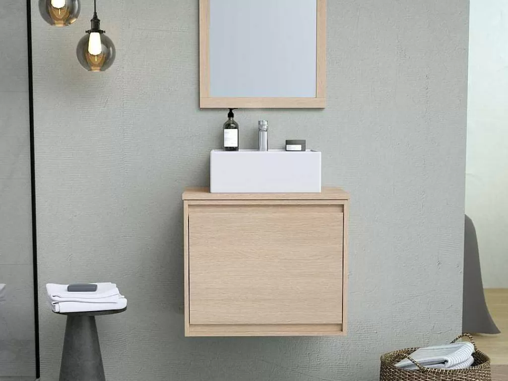 Móvel Lavatório Individual*Vente-unique Móvel Suspenso De Casa De Banho Com Lavatório De Pousar, Folha De Carvalho, 60 Cm - Mesliva