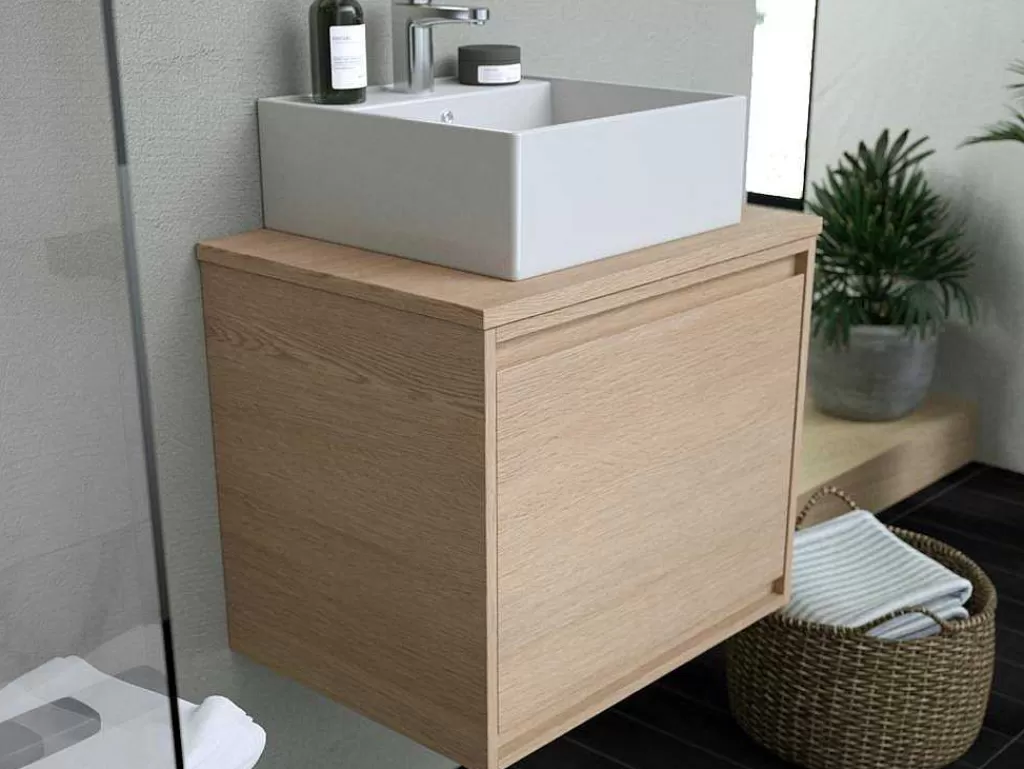 Móvel Lavatório Individual*Vente-unique Móvel Suspenso De Casa De Banho Com Lavatório De Pousar, Folha De Carvalho, 60 Cm - Mesliva