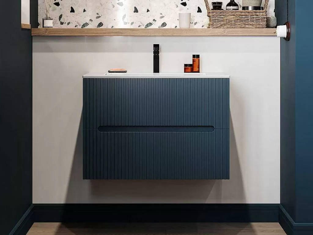 Móvel Lavatório Individual*Vente-unique Móvel Suspenso De Casa De Banho Com Lavatório Embutido Listra Azul 80 Cm - Pavani