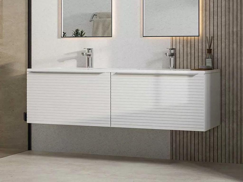 Móvel Lavatório Duplo*Vente-unique Móvel Suspenso De Casa De Banho Estriado Branco Com Lavatório Duplo De Encastrar 120 Cm - Latoma