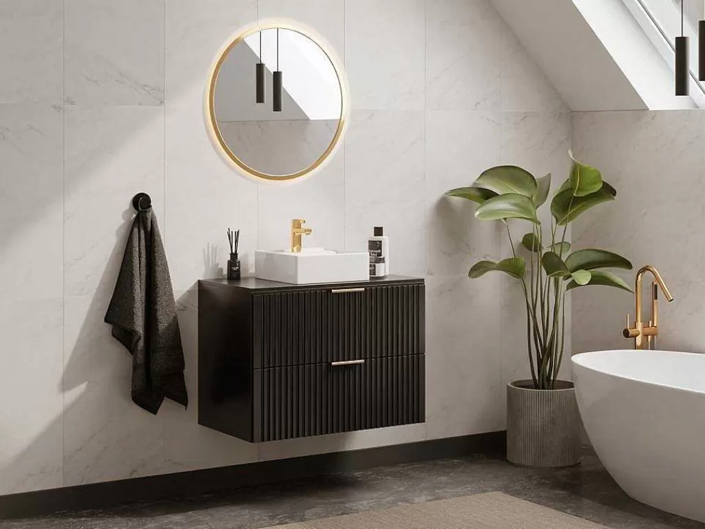 Promoções Casa De Banho & Bem-Estar*Vente-unique Móvel Suspenso Estriado Com Tampo Para Lavatório Preto C80 Cm - Zevara