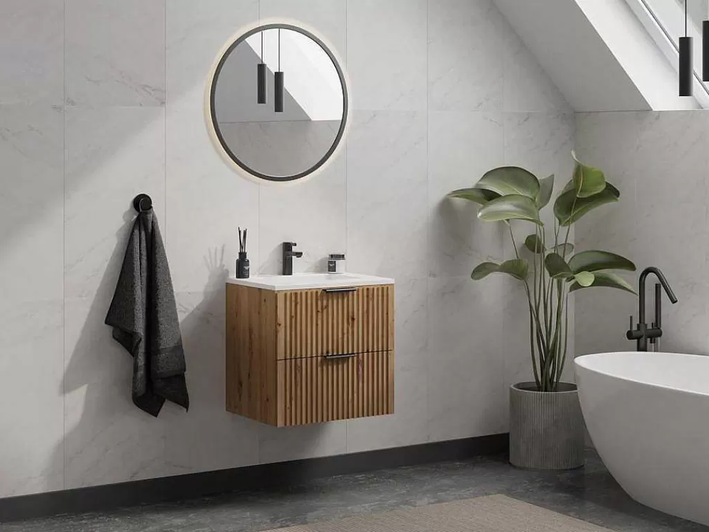 Móvel Para Lavatório*Vente-unique Móvel Suspenso Estriado Para Lavatório Natural Claro C60 Cm - Zevara