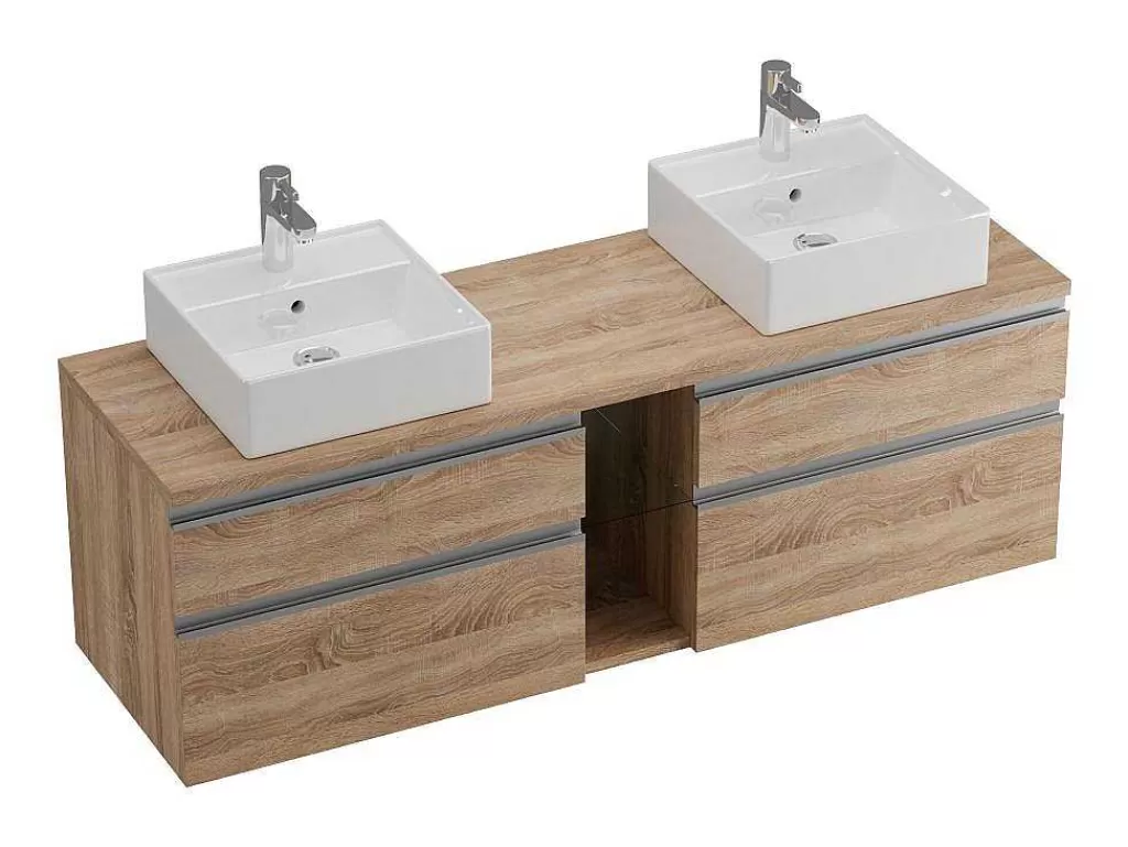 Móvel Lavatório Duplo*Vente-unique Móvel Suspenso Para Casa De Banho Com Dupla Pia E Espelhos - Cor Natural Clara - 150 Cm - Magdalena Ii