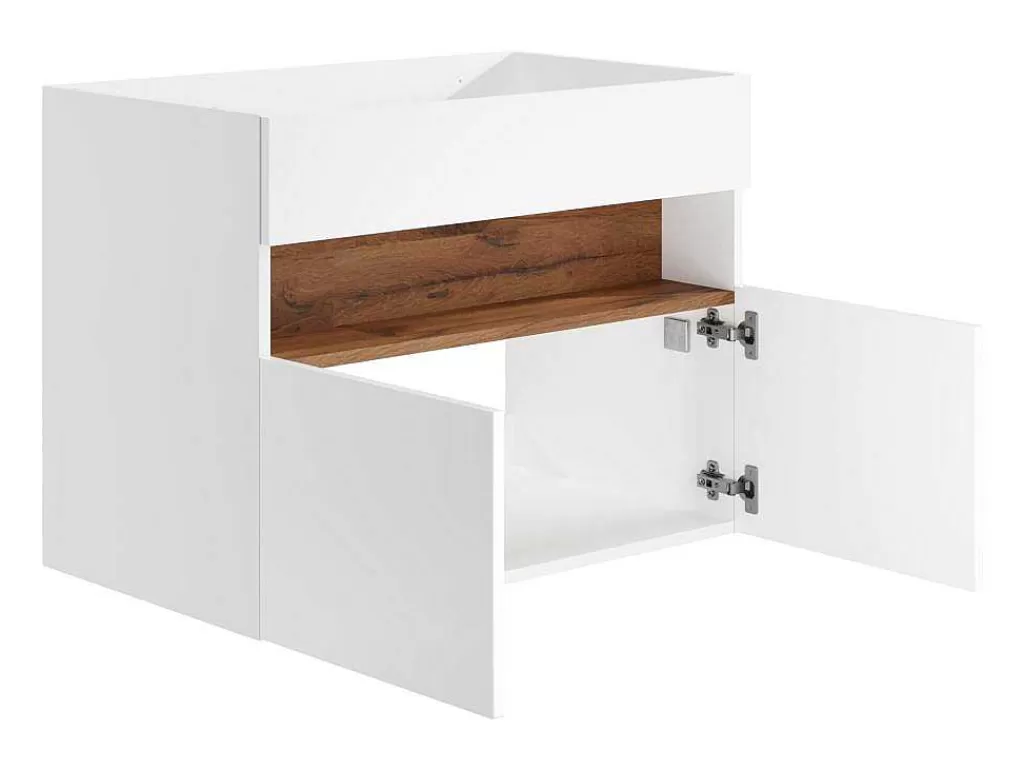 Móvel Para Lavatório*Vente-unique Móvel Suspenso Para Colocar Sob O Lavatório Com Leds, Branco E Natural Escuro C80 Cm - Pozega