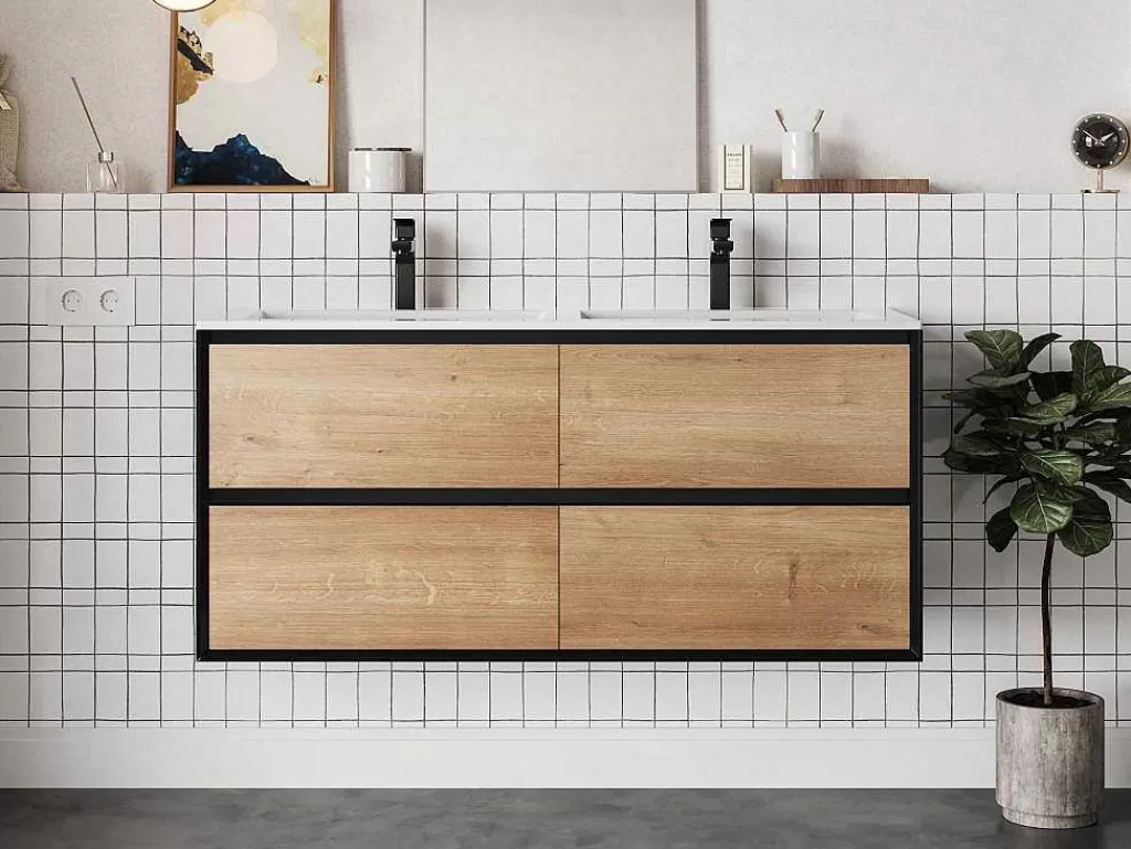 Móvel Para Lavatório*Vente-unique Móvel Suspenso Para Colocar Sob O Lavatório Cor Natural E Preto 120 Cm - Lannick