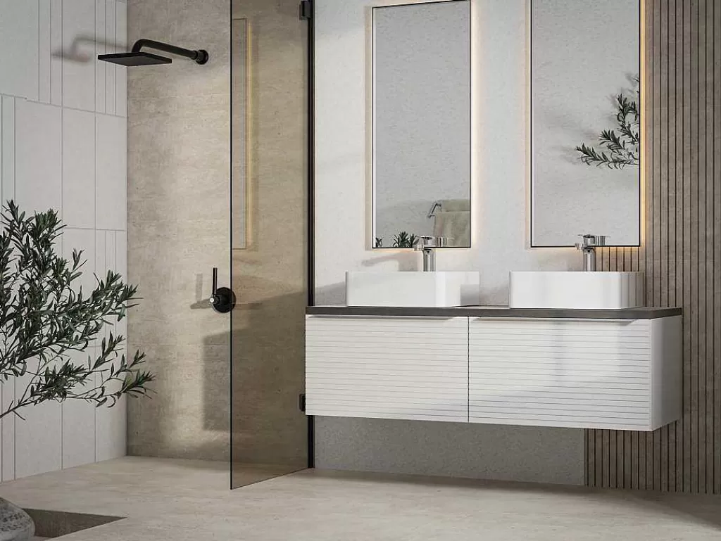 Móvel Para Lavatório*Vente-unique Móvel Suspenso Para Colocar Sob O Lavatório Estriado Branco Com Tampo 120 Cm - Latoma