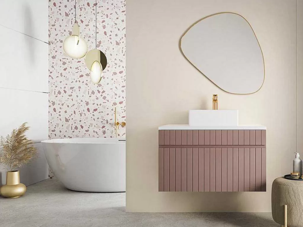 Móvel Para Lavatório*Vente-unique Móvel Suspenso Para Colocar Sob O Lavatório Estriado Cor-De-Rosa Com Tampo 80 Cm - Satara