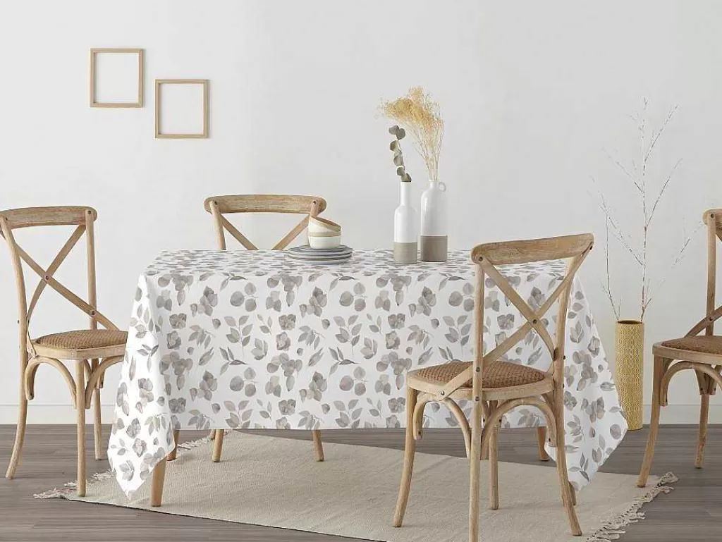 Têxteis De Mesa*Purline Nappe Anti-Taches 100% Coton 1 Piece Blanc A Feuilles Grises 140X140