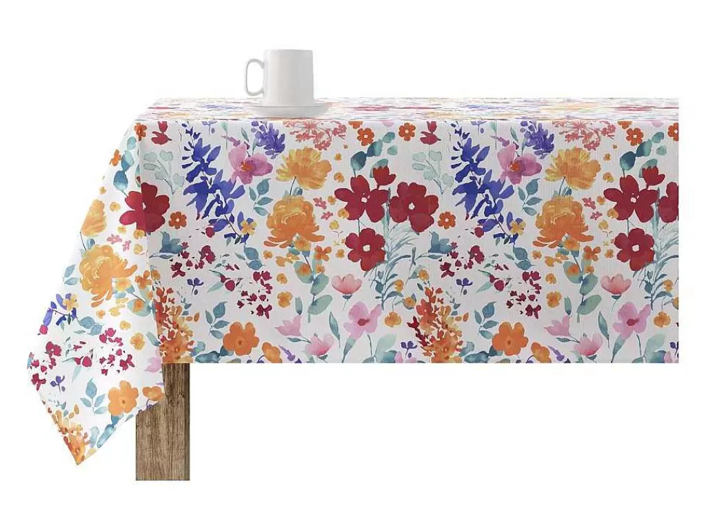 Têxteis De Mesa*Purline Nappe Anti-Taches 100% Coton 1 Piece Blanc A Fleurs Vives 100X140