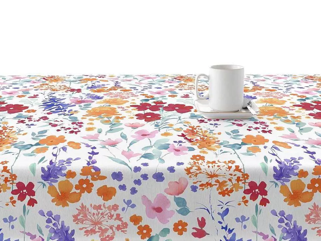 Têxteis De Mesa*Purline Nappe Anti-Taches 100% Coton 1 Piece Blanc A Fleurs Vives 100X140