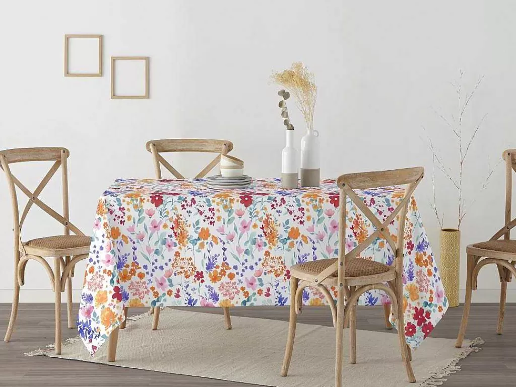 Têxteis De Mesa*Purline Nappe Anti-Taches 100% Coton 1 Piece Blanc A Fleurs Vives 100X140