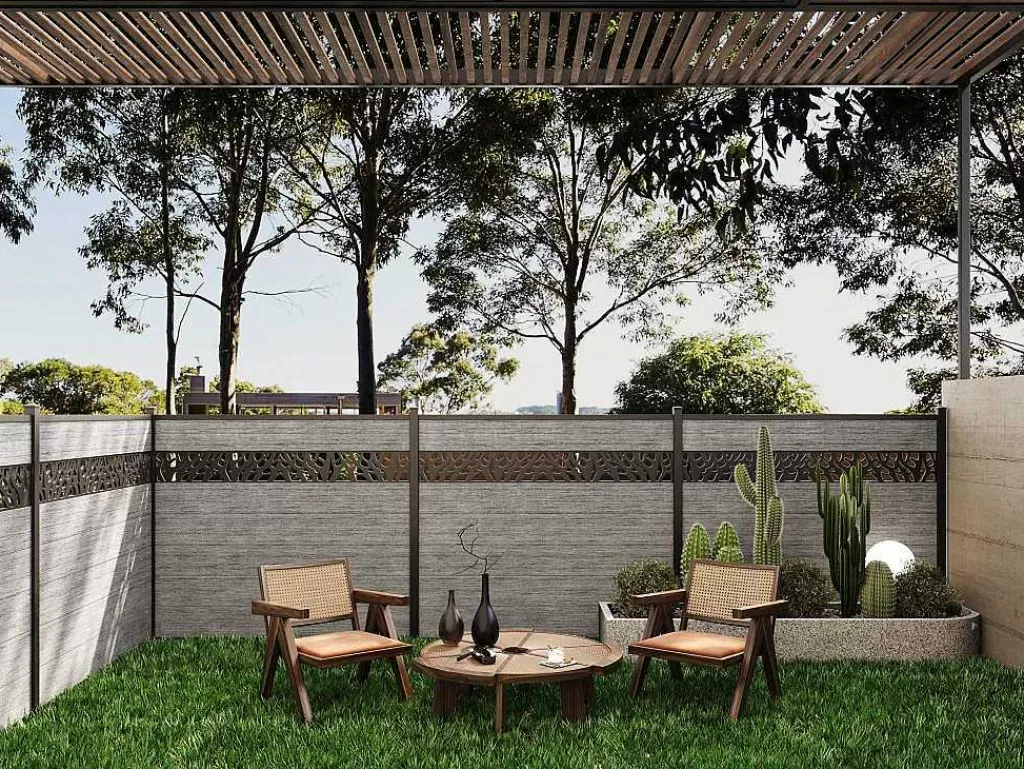 Canico E Cerca*EXPERTLAND Paineis De Vedacao Para Enterrar A181 Cm, Kit De 7 Laminas Em Composito Com Decoração + 2 Postes Cinzento-Claro - Enola